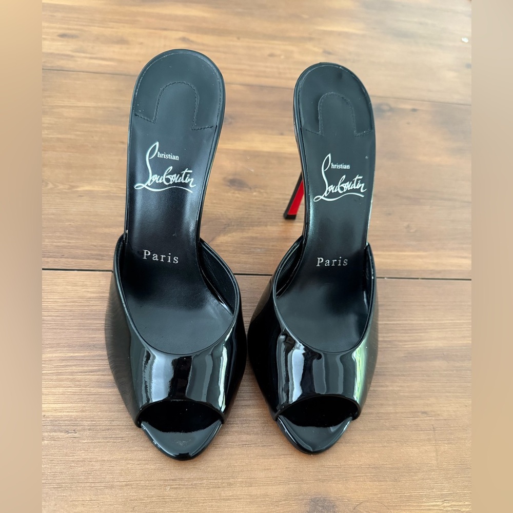 Christian Louboutin Me Dolly Black Peep-Toe Heels - Patent